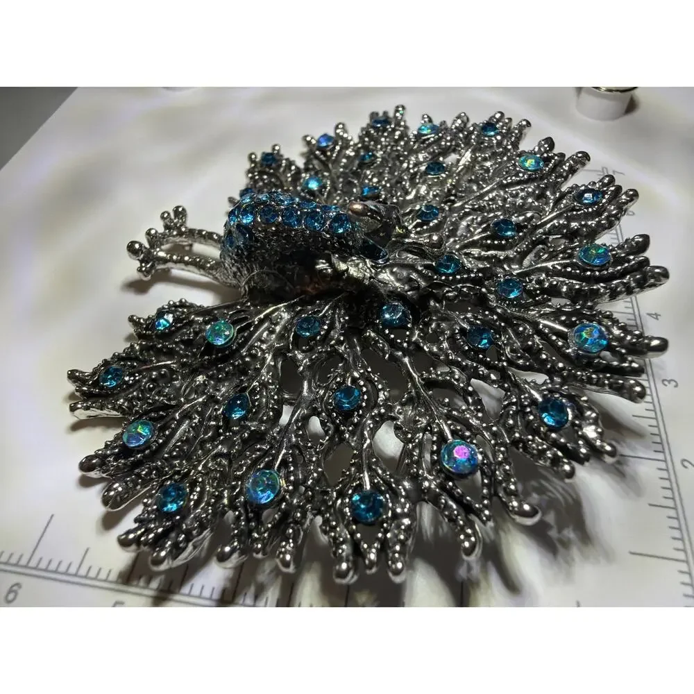 Vintage Large Peacock Brooch Blue AB Rhinestones Silver Tone Statement Pin